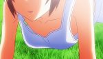  10s 1girl all_fours animated animated_gif areolae bare_shoulders breasts brown_hair downblouse exercise grass grisaia_(series) grisaia_no_kajitsu hanging_breasts irisu_makina nipples no_bra open_mouth outdoors plant push-ups short_hair small_breasts solo tank_top 