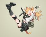  &gt;_&lt; amrkdrw animal_ears blonde_hair boots bushman_idw cat_ears cat_tail fingerless_gloves girls_frontline gloves gun headset highres holding holding_gun holding_weapon idw_(girls_frontline) jumping long_hair low_twintails orange_hair parker-hale_idw shirt shorts simple_background solo submachine_gun tail thigh_strap twintails weapon 