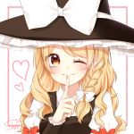  artist_name blonde_hair blush border bow braid closed_mouth commentary_request eyes_visible_through_hair finger_to_mouth hair_bow hat hat_bow heart highres kirisame_marisa long_hair one_eye_closed pink_border red_bow shiki_(s1k1xxx) signature simple_background smile solo touhou white_bow witch_hat yellow_eyes 