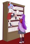  alternate_costume bangs bespectacled black_legwear blue_hair book bookshelf climbing clothes_around_waist commentary_request crescent crescent_hair_ornament eichi_yuu glasses hair_ornament hair_ribbon hairclip holding holding_book long_hair long_sleeves looking_down looking_up multiple_girls no_hat no_headwear no_wings outstretched_arm patchouli_knowledge plaid plaid_skirt purple_hair red_ribbon remilia_scarlet ribbon school_uniform shoes short_hair skirt socks standing striped touhou uwabaki white_footwear 