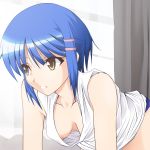  1girl all_fours areolae bare_shoulders blue_hair breasts brown_eyes downblouse hair_ornament hairclip hanging_breasts kurogane_otome medium_breasts nanamu nipple_slip nipples no_bra parted_lips short_hair solo tsuyokiss 