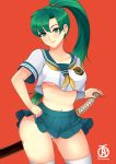  artist_name ass_visible_through_thighs breasts collarbone contrapposto cowboy_shot earrings fire_emblem fire_emblem:_rekka_no_ken green_eyes green_hair hand_on_hilt jewelry katana long_hair lyndis_(fire_emblem) medium_breasts midriff miniskirt navel panties pantyshot pantyshot_(standing) pleated_skirt ponytail red_background revolverwing sailor_collar scabbard school_uniform serafuku sheath sheathed short_sleeves simple_background skirt smile standing sword thighhighs thighs underboob underwear weapon white_legwear white_panties 