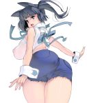  ass bare_shoulders black_hair blue_eyes blue_ribbon breasts cameltoe commentary cuffs curvy from_behind highres huge_breasts looking_at_viewer looking_back masao open_mouth original plump puffy_nipples ribbon round_teeth see-through short_hair short_shorts shorts simple_background solo teeth thick_thighs thighs white_background 