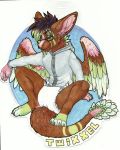 angel_dragon anthro barefoot biped claws clothing diaper digitigrade dragon english_text eyebrows eyewear feathers fur glasses hair hoodie humanoid_hands looking_at_viewer male multicolored_feathers multicolored_fur multicolored_hair signature sitting solo text toe_claws traditional_media_(artwork) twixxel_minty unknown_artist unknown_artist_signature wings 