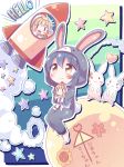  ai_ai_gasa animal_costume blonde_hair blue_hair blush brown_eyes bunny_costume chicken_costume closed_mouth eyebrows_visible_through_hair flower furutani_himawari hair_ornament hairclip heart highres holding_another looking_at_another looking_up minigirl multiple_girls oomuro_sakurako open_mouth sitting smile space_craft star sunflower takahero translated yuru_yuri |_| 