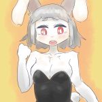  1girl amboynav2 bare_shoulders breasts buny_suit cleavage female furry gradient gradient_background looking_at_viewer rabbit red_eyes short_hair solo 