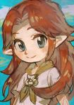  aoki_(fumomo) blue_eyes brown_hair closed_mouth flat_chest hair_intakes long_hair looking_at_viewer malon pointy_ears short_sleeves smile solo the_legend_of_zelda the_legend_of_zelda:_ocarina_of_time upper_body 
