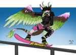  2018 angel_dragon anthro barefoot biped claws clothed clothing diaper digitigrade dragon eyewear feathers fully_clothed fur goggles hair horn humanoid_hands male multicolored_feathers multicolored_fur multicolored_hair pants rail shirt signature snowboarding solo source_request standing toe_claws twixxel_minty unknown_artist unknown_artist_signature wings 