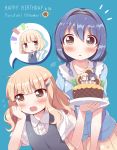  birthday_cake blonde_hair blue_background blue_hair blue_neckwear blush breasts brown_eyes cake chibi chibi_inset collarbone collared_shirt dated eyebrows_visible_through_hair flower flying_sweatdrops food furutani_himawari hair_ornament hairband hairclip happy_birthday heart highres holding holding_plate large_breasts looking_at_viewer looking_away multiple_girls necktie oomuro_nadeshiko oomuro_sakurako open_mouth parted_lips plate shirt short_hair short_sleeves smile speech_bubble sunflower sweatdrop takahero yuru_yuri 