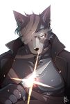  anthro bandage beastars canine clothed clothing fur glowing glowing_eyes grey_fur knife legosi_(beastars) looking_at_viewer m_ikky male mammal muscular red_eyes shine solo wolf 