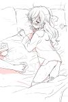  after_sex ass bangs blush bottomless chigusa_asuha condom_wrapper from_above greyscale long_hair monochrome panties panties_around_one_leg pillow qualidea_code sekiya_asami shirt sketch sweat sweatdrop swept_bangs under_covers underwear 