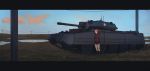  absurdres brown_eyes caterpillar_tracks cloud commentary_request crusader_(tank) day emblem evening girls_und_panzer grass ground_vehicle highres military military_vehicle motor_vehicle murasaki_saki outdoors red_hair rosehip short_hair sky smile solo st._gloriana's_(emblem) st._gloriana's_military_uniform tank water 