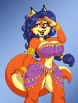  2018 amber_eyes anthro belly_dancer black_nose blue_hair breasts canine carmelita_fox clothed clothing daxzor digital_media_(artwork) ear_piercing eyelashes female fox hair hi_res lipstick long_hair looking_at_viewer makeup mammal mole_(marking) navel open_mouth piercing signature sly_cooper_(series) solo thick_thighs video_games 