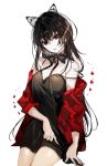  :o bangs black_dress black_hair blush breasts dress eyebrows_visible_through_hair hair_between_eyes head_tilt highres long_hair looking_at_viewer naru_(ul) off_shoulder open_mouth original red_eyes ribbon simple_background solo standing white_background 