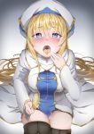  blonde_hair blue_eyes blush breasts cheese commentary crying crying_with_eyes_open dantes_ward dress eating eyebrows_visible_through_hair food food_in_mouth goblin_slayer! hair_between_eyes hat highres long_hair looking_at_viewer medium_breasts open_mouth priestess_(goblin_slayer!) sexually_suggestive shiny shiny_hair solo suggestive_fluid tears thighhighs tongue tongue_out very_long_hair 