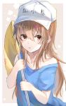  bangs bare_shoulders blue_shirt brown_eyes brown_hair character_name clothes_writing collarbone commentary_request eyebrows_visible_through_hair flag flat_cap hair_between_eyes hands_up hat hataraku_saibou highres holding holding_flag long_hair looking_at_viewer off_shoulder parted_lips platelet_(hataraku_saibou) poono shirt short_sleeves solo upper_body very_long_hair white_hat 