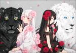  animal bangs bare_shoulders black_dress black_gloves black_hair black_vs_white blue_eyes blush bow bowtie breasts choker closed_mouth commentary detached_sleeves dress earrings eyebrows_visible_through_hair fingernails flower gloves grey_background hair_flower hair_ornament hakusai_(tiahszld) japanese_clothes jewelry kimono light_frown lion long_hair long_sleeves looking_at_viewer multiple_girls nail_polish obi original petals petting pink_flower pink_nails pink_rose profile purple_eyes red_bow red_eyes red_flower red_neckwear red_rose rose sash see-through silver_hair sitting small_breasts smile symbol_commentary tiger very_long_hair white_choker white_hair white_kimono wide_sleeves wrist_flower yellow_eyes 