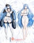  alfred_cullado artist_name blue_eyes blush boots breasts covered_nipples crossed_arms dakimakura_(object) dress_shirt esdeath hair_between_eyes hand_on_own_chest hat highres large_breasts long_hair lying navel on_back open_clothes open_shirt pillow shirt smile thigh_boots thighhighs thighs uniform very_long_hair watermark web_address zettai_ryouiki 