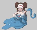 2015 4_fingers blue_breasts blue_eyes blue_nipples blush breasts brown_hair clothing female hair hair_bun hat legless melting nintendo nipples nude pok&eacute;mon pussy rosa_(pok&eacute;mon) simple_background slime slimy solo surprise thetransformtentacle tongue tongue_out torn_clothing transformation video_games 