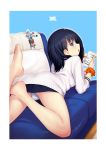  barefoot black_hair black_skirt blue_eyes gridman_(ssss) highres kazuma_muramasa lying microskirt on_stomach orange_scrunchie panties phone pleated_skirt school_uniform scrunchie skirt solo ssss.gridman takarada_rikka the_pose underwear white_panties wrist_scrunchie 