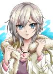  anastasia_(idolmaster) blue_eyes coat earrings eyebrows_visible_through_hair fur_trim hair_between_eyes idolmaster idolmaster_cinderella_girls jewelry long_sleeves looking_at_viewer necklace office_lady open_clothes open_coat parted_lips purple_shirt shirt short_hair silver_hair smile tsukikage_oyama upper_body white_coat 