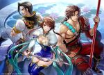  1girl 2boys breasts brown_eyes brown_hair chai_xianghua chinese_clothes cleavage cleavage_cutout long_hair looking_at_viewer medium_breasts multiple_boys official_art smile soul_calibur soulcalibur_vi sword tagme thighhighs weapon 