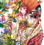  akagi_towa blue_flower commentary_request cure_scarlet eyebrows_visible_through_hair floral_print flower go!_princess_precure hairband highres holding holding_umbrella japanese_clothes kimono leaf long_hair long_sleeves looking_at_viewer oriental_umbrella pink_eyes pink_hair precure print_kimono purple_flower red_flower red_umbrella shiny shiny_hair skirt_hold smile solo standing torii umbrella white_background yukata yuutarou_(fukiiincho) 