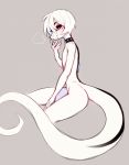  blue_eyes blush collar frenky_hw girly hair long_tail looking_at_viewer makeup male reptile scales scalie snake solo solveig stripe white_hair white_scales 