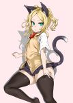  1girl :o absurdres animal_ears asanagi bangs black_fur black_legwear black_skirt blonde_hair blush breasts cardigan_vest cat_ears cat_tail elin_(tera) fanbox_reward from_above green_eyes highres looking_at_viewer looking_up lying miniskirt neckerchief no_shoes on_side open_mouth paid_reward parted_bangs pink_background pleated_skirt red_neckwear school_uniform shirt short_eyebrows short_hair short_sleeves short_twintails simple_background skindentation skirt small_breasts solo sweater_vest symbol-shaped_pupils tail tera_online thick_thighs thighhighs thighs twintails white_shirt wide_hips 