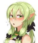  bangs bare_shoulders black_bow blush bow chestnut_mouth colored_eyelashes commentary corset elf english_commentary fantasy furrowed_eyebrows goblin_slayer! green_corset green_eyes hair_between_eyes hair_bow half-closed_eyes high_elf_archer_(goblin_slayer!) highres light_green_hair long_hair looking_at_viewer nickniceth pointy_ears sidelocks signature simple_background sleeveless solo upper_body white_background 