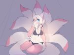  2018 blue_eyes blush bra breasts canine clothing electrycpynk female fox fur inner_ear_fluff kneeling looking_at_viewer mammal multi_tail multicolored_fur neck_tuft panties pink_fur signature simple_background solo tuft two_tone_fur underwear white_fur 