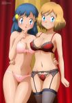  2girls black_legwear blue_eyes blue_hair blush breasts brown_hair closed_mouth collarbone creatures_(company) game_freak garter_belt garter_straps hair_clip hikari_(pokemon) large_breasts lingerie long_hair looking_at_viewer medium_breasts multiple_girls navel nintendo pokemon pokemon_(anime) serena_(pokemon) short_hair standing thighhighs underwear underwear_only zel-sama 