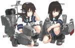  bangs black_hair blue_sailor_collar blue_skirt blunt_bangs brown_eyes brown_hair cannon full_body hatsuyuki_(kantai_collection) hayashi_naoharu headphones kantai_collection long_hair machinery miyuki_(kantai_collection) multiple_girls neckerchief pleated_skirt rigging sailor_collar school_uniform serafuku short_hair simple_background skirt smokestack squatting torpedo torpedo_tubes turret white_background 