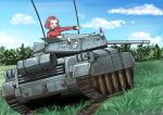  brown_eyes caterpillar_tracks cloud commentary_request crusader_(tank) cup day emblem girls_und_panzer grass ground_vehicle kouon_(socommk23) military military_vehicle motor_vehicle red_hair rosehip short_hair sky smile solo st._gloriana's_(emblem) st._gloriana's_military_uniform tank teacup 