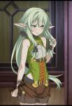  :/ anime_coloring arm_behind_back bangs bare_arms bare_shoulders black_bow blurry blurry_background blush bow brown_shorts closed_mouth commentary_request corset cowboy_shot cross-laced_clothes crossed_bangs derivative_work elf embarrassed english_commentary fantasy framed_breasts furrowed_eyebrows goblin_slayer! green_corset green_eyes hair_bow hair_twirling half-closed_eyes high-waist_shorts high_elf_archer_(goblin_slayer!) highres holding holding_hair letterboxed light_green_hair long_hair looking_away miley_dragneel mixed-language_commentary petite pointy_ears short_shorts shorts sidelocks signature sleeveless solo spanish_commentary standing very_long_hair wide_hips 