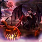  anthro ash_pyralis canine choker clothed clothing corset dalmatian digital_media_(artwork) dog female floating food fruit glowing glowing_eyes graves horn jack-o-lantern lingerie looking_at_viewer mammal pumpkin puppydogash red_moon skimpy smile smirk solo succubus tree wings 
