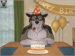  2018 5_fingers anthro balloon biped birthday black_fur black_nose blue_eyes brown_fur cake candle canine digital_media_(artwork) english_text food fur gloves_(marking) grumpy looking_at_viewer male mammal markings multicolored_fur rakan scar snarling solo table teeth text white_fur wolf wolfool 