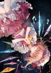  album_cover ascot black_background blonde_hair closed_eyes closed_mouth cover crystal eyebrows_visible_through_hair facing_viewer feet_out_of_frame flandre_scarlet frilled_shirt_collar frills hands_clasped hat hat_ribbon hirai_yuzuki interlocked_fingers mob_cap musical_note own_hands_together petticoat puffy_short_sleeves puffy_sleeves red_ribbon red_skirt red_vest ribbon shirt short_hair short_sleeves skirt skirt_set smile solo sparkle touhou upside-down vest white_shirt wings yellow_neckwear 
