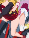  2girls arm_garter black_panties breasts cape cleavage cure_yell gelos_(precure) haruyama_kazunori head_out_of_frame hug hug_from_behind hugtto!_precure legs magical_girl medium_breasts multiple_girls no_panties nono_hana panties precure thighhighs thighs underwear white_legwear yellow_cape 