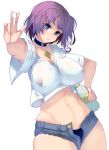  blue_eyes blue_panties bottle bottle_cap breasts collar commentary_request covered_nipples curvy denim denim_shorts highres jewelry large_breasts masao midriff navel necklace original panties purple_hair see-through short_hair short_shorts shorts simple_background skindentation solo thighs underwear white_background 