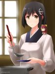  alternate_costume apron black_hair bow breasts brown_eyes cooking dish eyebrows_visible_through_hair fairy_(kantai_collection) food gradient_hair haguro_(kantai_collection) hair_ornament hakama highres indoors japanese_clothes kamikaze_(kantai_collection) kantai_collection kappougi kimono ladle long_hair looking_at_viewer medium_breasts meiji_schoolgirl_uniform minigirl multicolored_hair multiple_girls pink_hakama pot purple_kimono red_kimono remodel_(kantai_collection) ribbon short_hair smile soup tomoyo_kai twitter_username window yellow_bow yellow_ribbon 