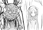  abigail_williams_(fate/grand_order) bangs bloodborne commentary_request crossover eyeball eyebrows_visible_through_hair fate/grand_order fate_(series) garden_of_eyes greyscale hair_ribbon hat highres kan_(aaaaari35) long_hair monochrome monster parted_bangs ribbon standing wings 