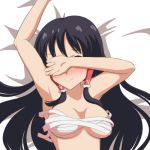  armpits arms_up bed_sheet black_hair blush breasts cato_(monocatienus) commentary_request covering_eyes facing_viewer hair_spread_out hair_tubes hakurei_reimu long_hair lying medium_breasts nose_blush on_back sarashi smile solo touhou undone_sarashi upper_body 