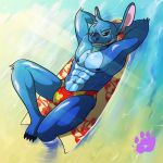  2018 4_toes abs alien alternate_version_at_source anthro anthrofied blue_claws blue_eyes blue_fur blue_nipples blue_nose bulge chest_tuft claws clothing crepuscular_rays digital_drawing_(artwork) digital_media_(artwork) disney elbow_tufts experiment_(species) fur grin hands_behind_head head_tuft high-angle_view knee_tuft lilo_and_stitch lying male muscular nipples notched_ear pinup pose smile solo sparkles speedo stitch surfboard swimsuit the_purple_wolf_guy thick_thighs toe_claws toes tuft water watermark wet 