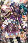  aqua_hair armor axe black_gloves black_legwear blue_eyes blue_hair bracer company_name copyright_name floral_background floral_print flower glint gloves gradient_hair hair_flower hair_ornament highres japanese_armor long_hair long_sleeves mito_amatsu multicolored_hair official_art sengoku_hanafuda_kassen solo standing very_long_hair 