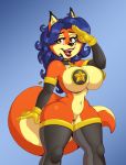  2018 amber_eyes anthro armwear black_nose blue_hair breasts canine carmelita_fox clothing daxzor digital_media_(artwork) ear_piercing eyelashes female fox hair hi_res legwear lipstick long_hair looking_at_viewer makeup mammal mole_(marking) navel open_mouth piercing pussy signature sly_cooper_(series) solo thick_thighs video_games 