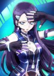  black_gloves blue_eyes breasts cleavage cleavage_cutout elbow_gloves fingerless_gloves floating_hair glasses gloves hair_ornament hairclip heartcatch_precure! long_hair medium_breasts microphone open_mouth partially_unzipped precure purple_hair rimless_eyewear solo tsukikage_oyama tsukikage_yuri upper_body very_long_hair 