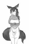  animal_ears apron arm_under_breasts breasts commentary cowboy_shot english_commentary eyebrows_visible_through_hair fox_ears fox_girl fox_tail greyscale hair_between_eyes half-closed_eyes hand_on_own_cheek large_breasts long_hair long_sleeves looking_at_viewer low_ponytail mature mole mole_under_eye monochrome original pants parted_lips ribbed_sweater side_ponytail simple_background smile solo sweater tail twrlare 