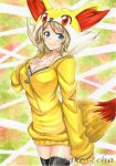  animal_hood artist_name black_legwear blonde_hair blue_eyes blush breasts cleavage closed_mouth cosplay cowboy_shot fennekin fennekin_(cosplay) hand_on_own_chest highres hood hood_up hooded_jacket jacket large_breasts long_sleeves looking_at_viewer marker_(medium) md5_mismatch pokemon pokemon_(anime) pokemon_xy_(anime) serena_(pokemon) short_hair smile solo striped tail takecha thighhighs traditional_media yellow_jacket 