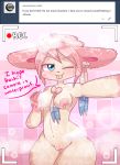  anthro areola blue_eyes breasts dialogue eeveelution english_text fan_character female hair hashu lagomorph mammal nintendo nipples nude one_eye_closed pink_hair pok&eacute;mon pok&eacute;mon_(species) pok&eacute;morph pussy queenie_(hashu) recording shower solo steam sylveon text tongue tongue_out video_games wet wink 